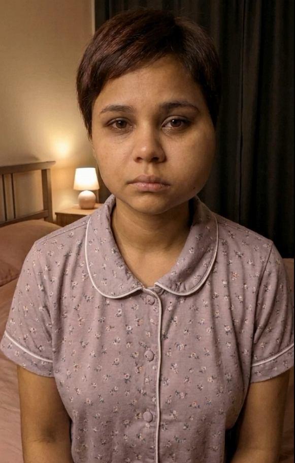 Jeovana, uma jovem mulher com o olhar cansado, em casa, enfrentando os sintomas da doença